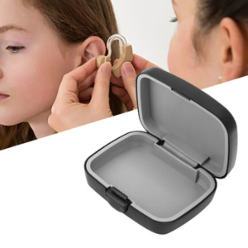 Flat Rectangular Hearing Aid Case, Portable Black Square Storage Box for Hearing Aids