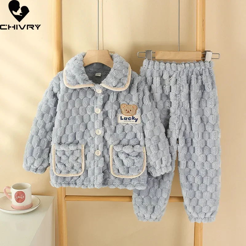 Pijamas gruesos de franela para niños y niñas, Tops de solapa de manga larga con pantalones, conjuntos de ropa de dormir de dibujos animados para
