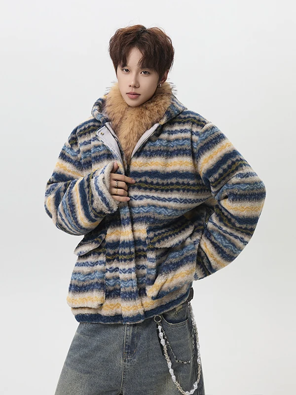

American Sle Lamb Fur Hooded Cotton Jaet Men Winter Thiened Cotton Coat Loose Warm Outerwear with Fur Collar for Couples