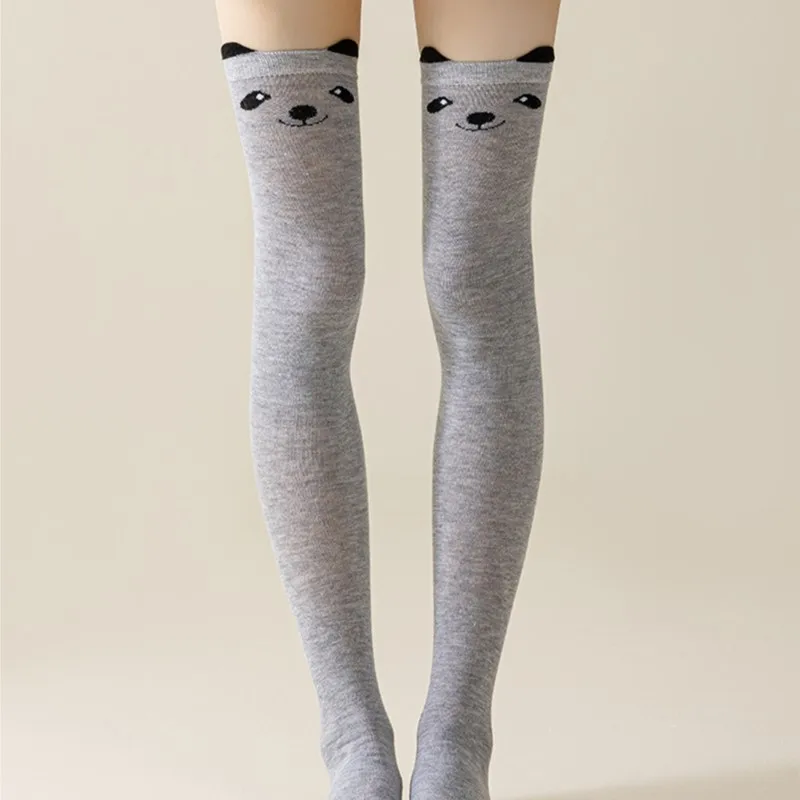 Japanese Cute Cartoon Cat Bear Fox Ears Solid Color Black Yellow Gray Long Tube Over Knee Socks Polyester Cotton Preppy Style