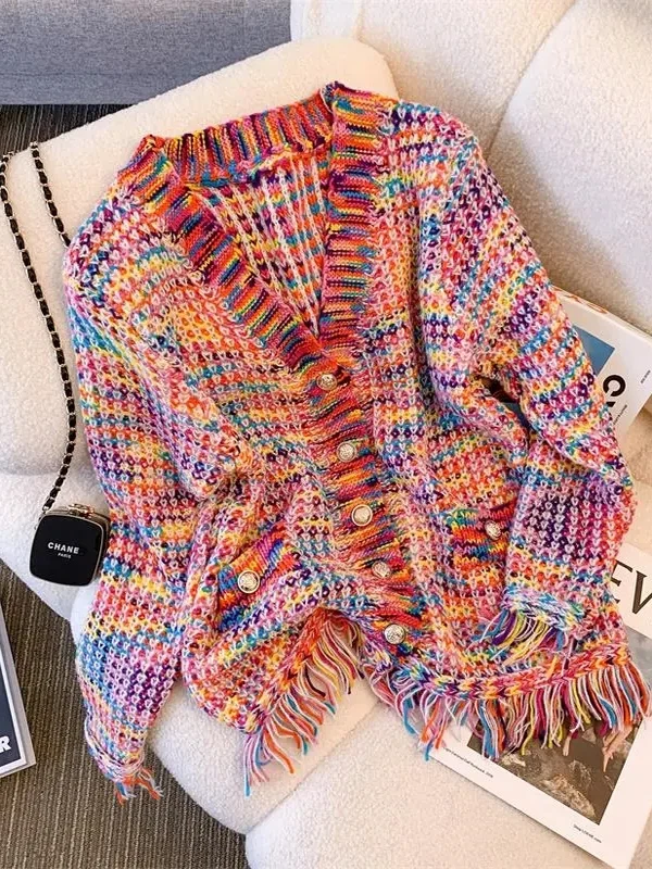 Spring Autumn  Tassel Knitted Sweater Coat Women Design Sense Cardigan Trendy V-ne Long Sve Moisture-ng
