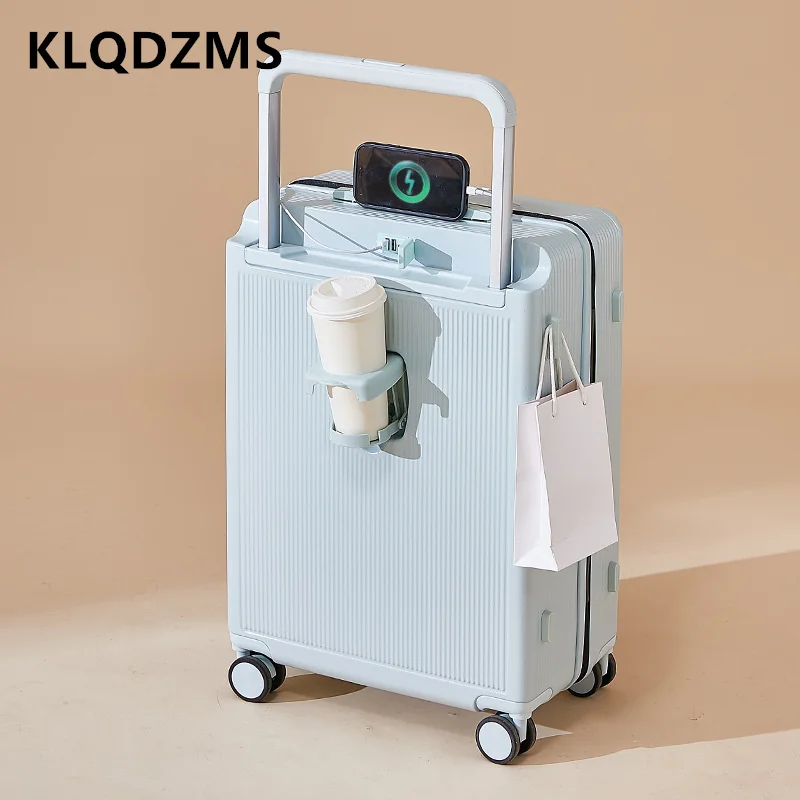 KLQDZMS 20 Inch Luggage with Wheels ABS+PC Boarding Case 24" USB Charging Trolley Case with Cup Holder Rolling Travel Suitcase