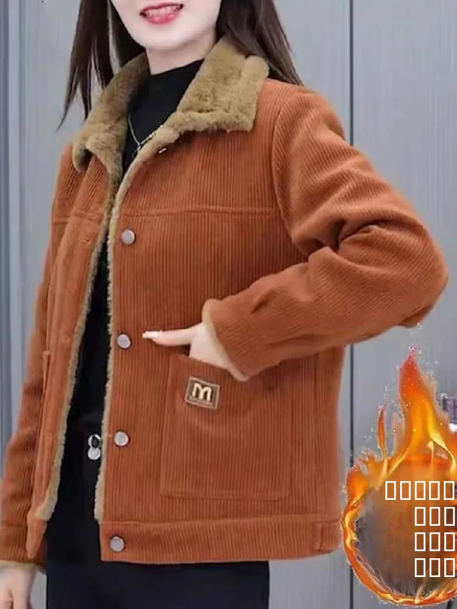 

Женская утепленная куртка на флисовой подкладке, зимняя одежда, свободная модная куртка из овчины с хлопковым наполнителем, для мам, с эффектом омоложения