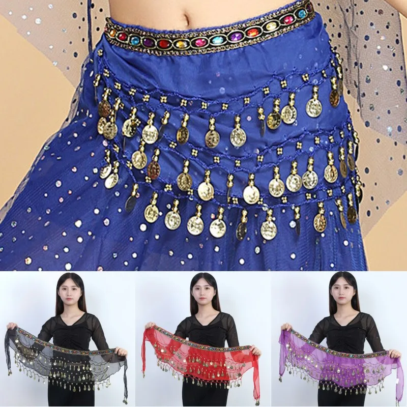 Belly Dance Sequins Chiffon Skirt Costumes Shiny Colored Diamond Tassel Waist Chain Belts India Arab Dance Wrap Show Hip Scarf