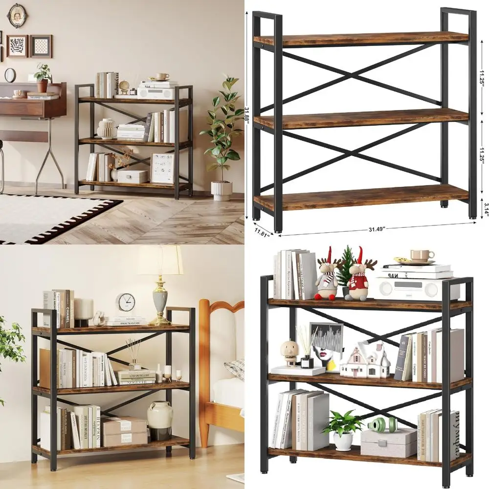 

Винтажная 3-х уровневая деревянная и металлическая книжная полка в деревенском стиле, ширина 31,49, для дома, гостиной, спальни, офисного хранения