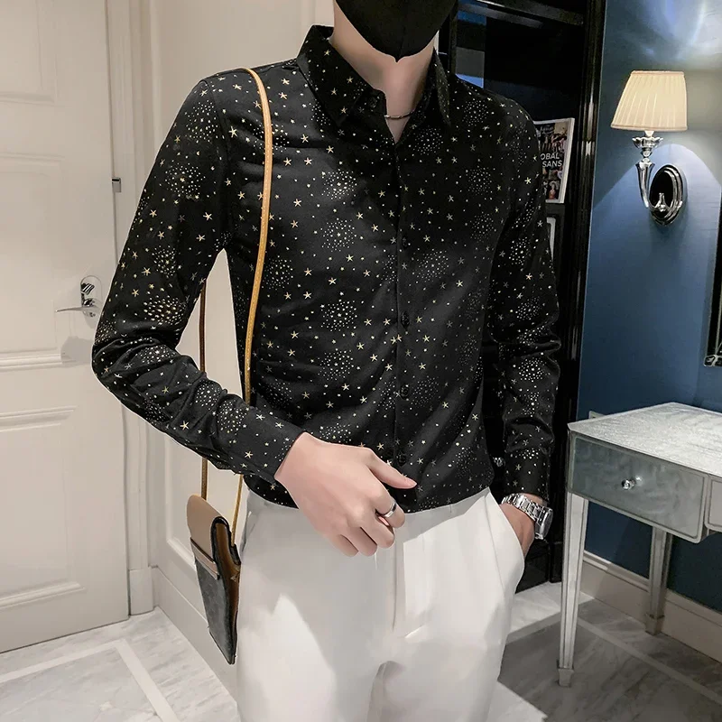 High Quality Star Gold Bronzing Men Shirt Spring Autumn Slim Fit Chemise Homme Manche Longue Luxury Club Prom Male Floral Shirts