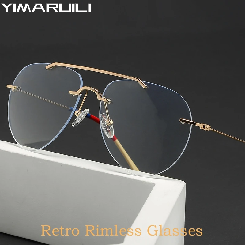 

YIMARUILI Ultra Light Fashion Double Beam Glasses Frame Retro Alloy Optical Prescription Rimless Glasses For Men and Women 1870