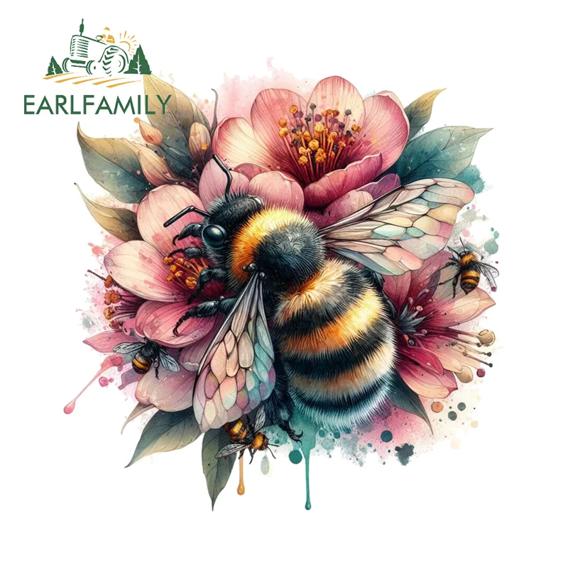 EARLFAMILY Artistic Killer Bee With Flowers Car Stickers Cool Window Laptop Trunk Decals Eye-catching Vinyl PVC Car Styling