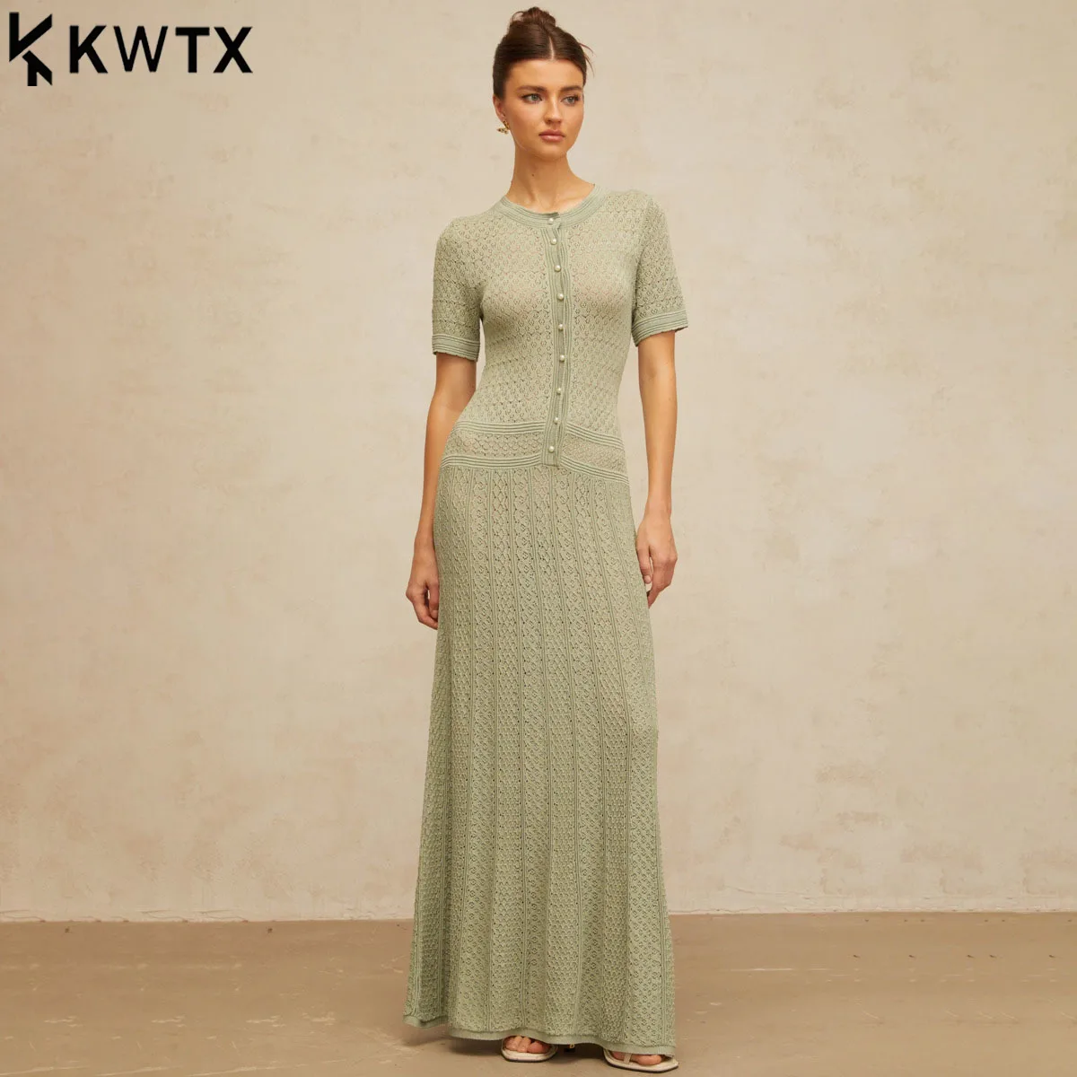 KWTX 2026 Damen-Strickkleid, elegant, Spitze, Ausschnitt, lang, Party, Abend, Strand, Büro, Frühling, Sommer, Luxus, Designer-Chic