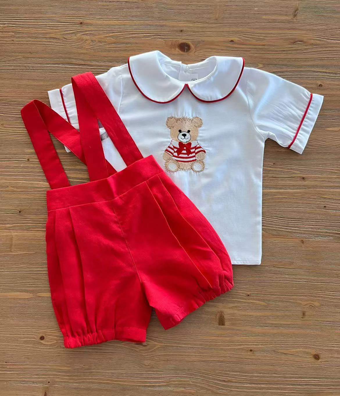 

0-6Y Baby Boy Spring Summer Bear Embroidery Red Outfit Suit for Party Birthday Holiday Photography Christmas B331