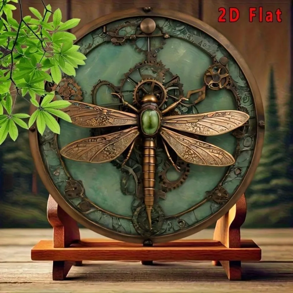 Vintage Steampunk Dragonfly Gear Metal Tin Sign, Retro 3D Effect Mechanical Dragonfly with Gears and Gemstone Round Wall Art Dec