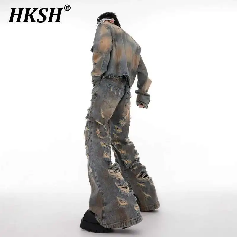 

HKSH 2025 Spring New Men Punk Niche Waste Land Destruction Denim Pants Vintage Y2K Jackets Micro Flared Jeans Trendy Chic HK4283
