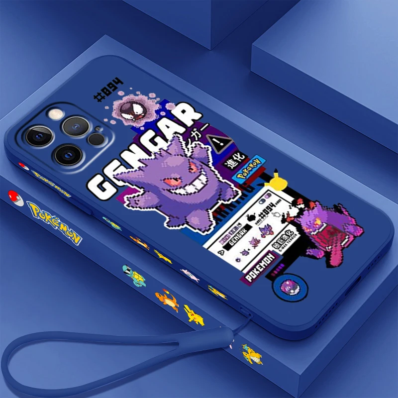 

Anime Pokemon Gengar Garchomp Liquid Left Rope For Apple iPhone 15 14 13 12 11 XS XR X 8 7 SE Pro Max Plus Mini Back Phone Case