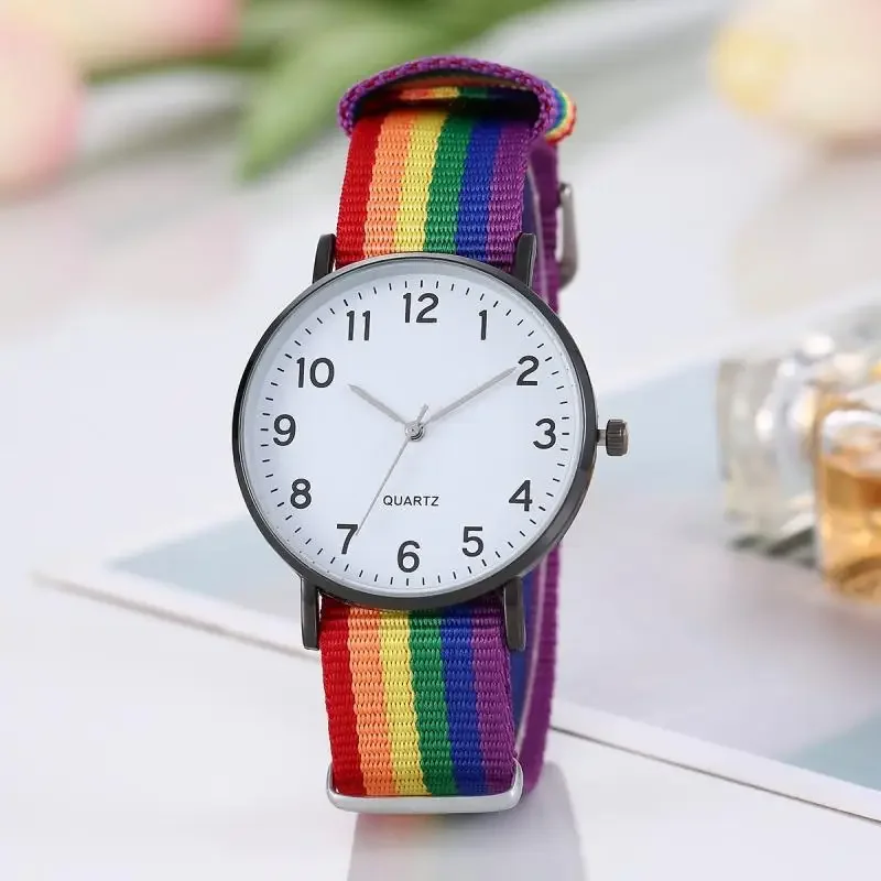 Orologio con cinturino in tela arcobaleno Orologio da polso con puntatore digitale quadrante grande color arcobaleno Orologio da studente casual al quarzo classico reloj mujer