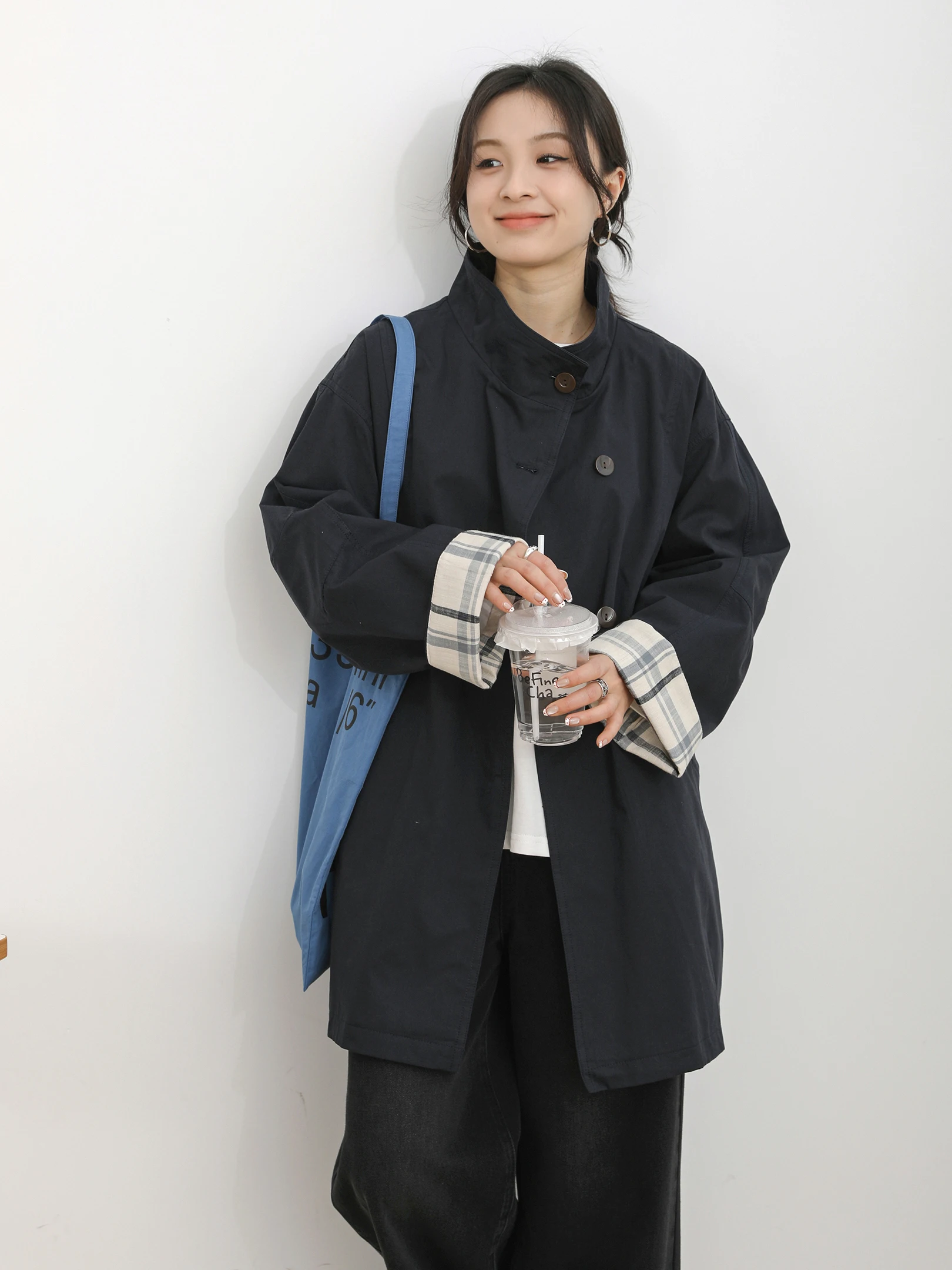 

Spring 2026 Three-wood Society Commuter Style Plaid Mid-Length Stand Collar Women's Coat Long Sleeve No Filling Cotton Material