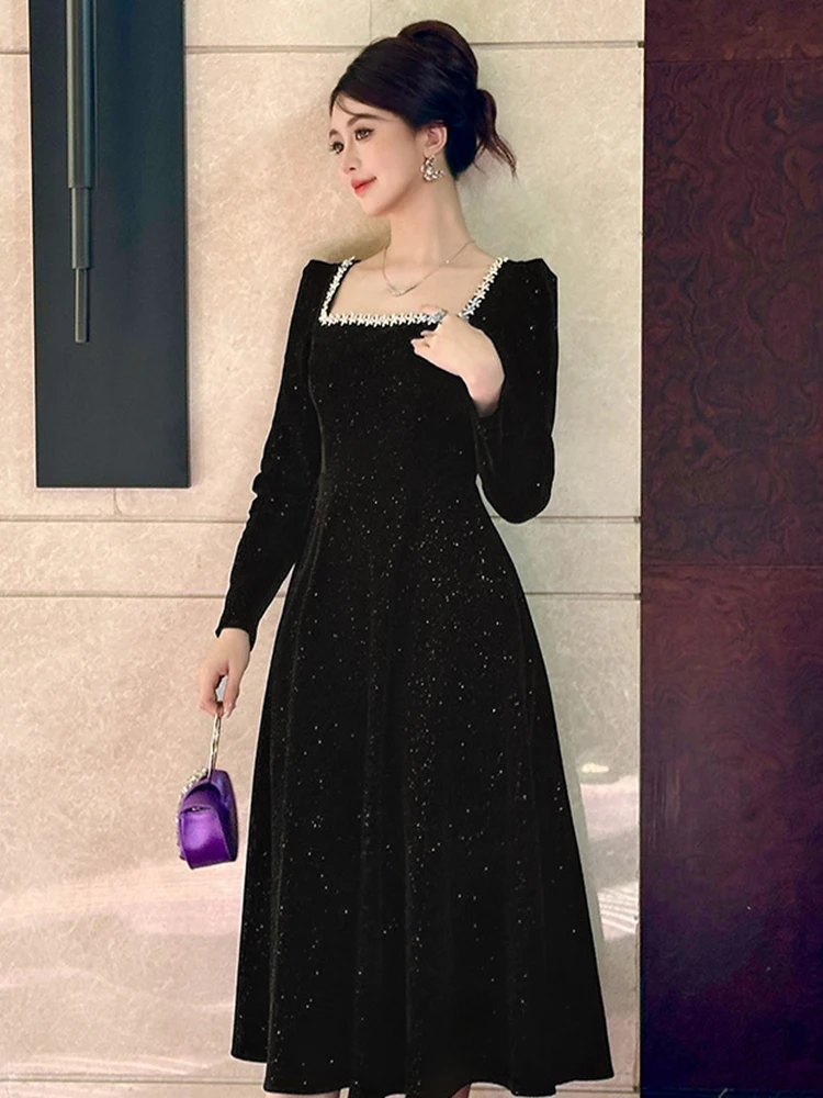 فستان سهرة رسمي حلو عتيق للنساء سيدة ريترو أسود لامع حجر الراين رداء طويل فام حفلة عيد ميلاد حفلة موسيقية Vestidos أنثى #4