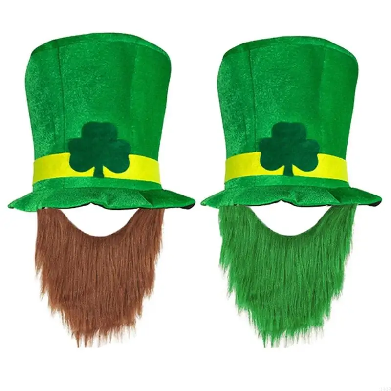 

340D Leprechaun Caps Green Top Hat with Clover Beard St. Patricks Day Leprechaun Hat Gifts Holiday Carnival Party