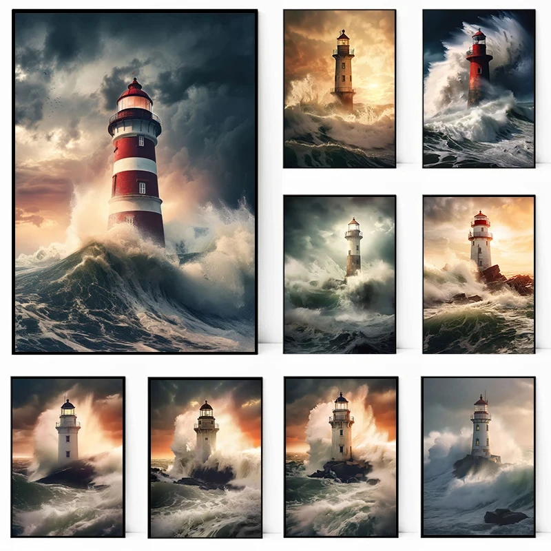 (2D canvas painting)  Lighthouse Art Poster Sunrise sunset wave photo canvas printing wall art decoration hanging painting Fo