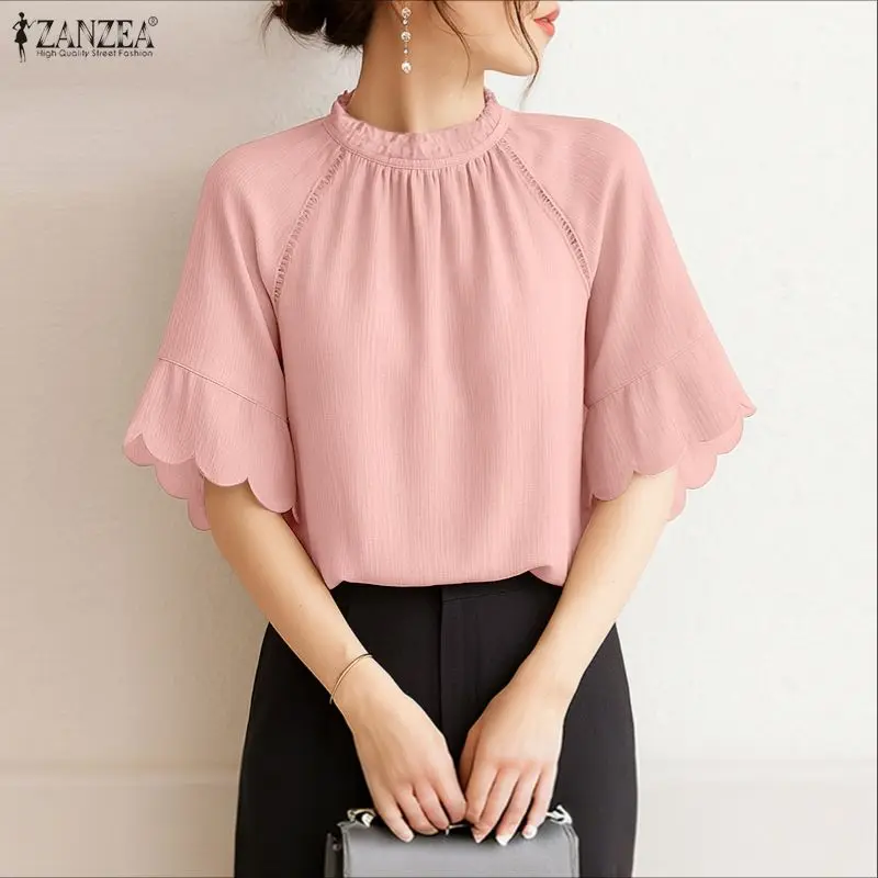 

ZANZEA Elegant Summer Women Blouse Half Flare Sleeve Solid Shirts Fashion Stand Collar Casual Loose Tunic Tops Blusas Femininas