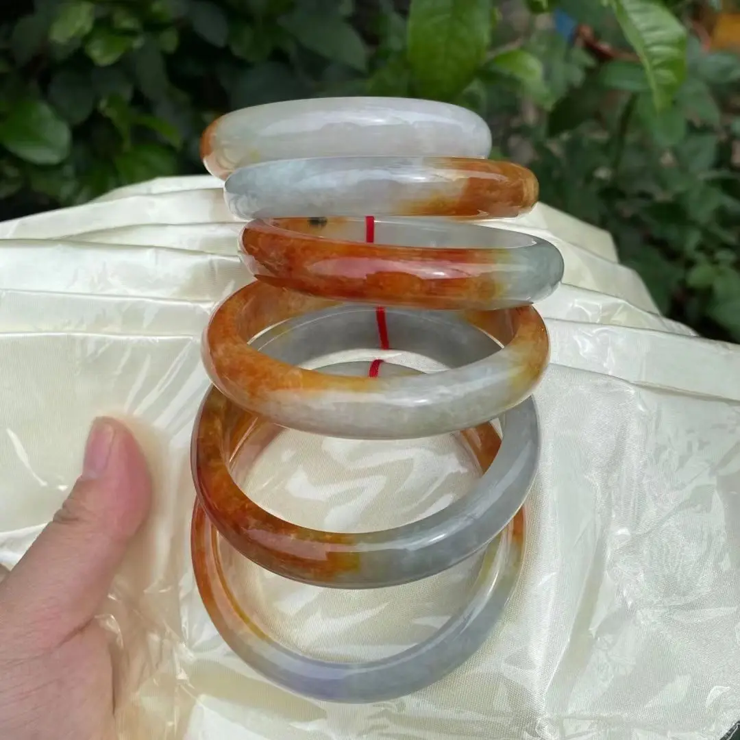 

Exquisite Natural Myanmar Jadeite Bracelet Ice Kind Yellow white Color Jade Bangles High Quality Handring Perfect Jewelry