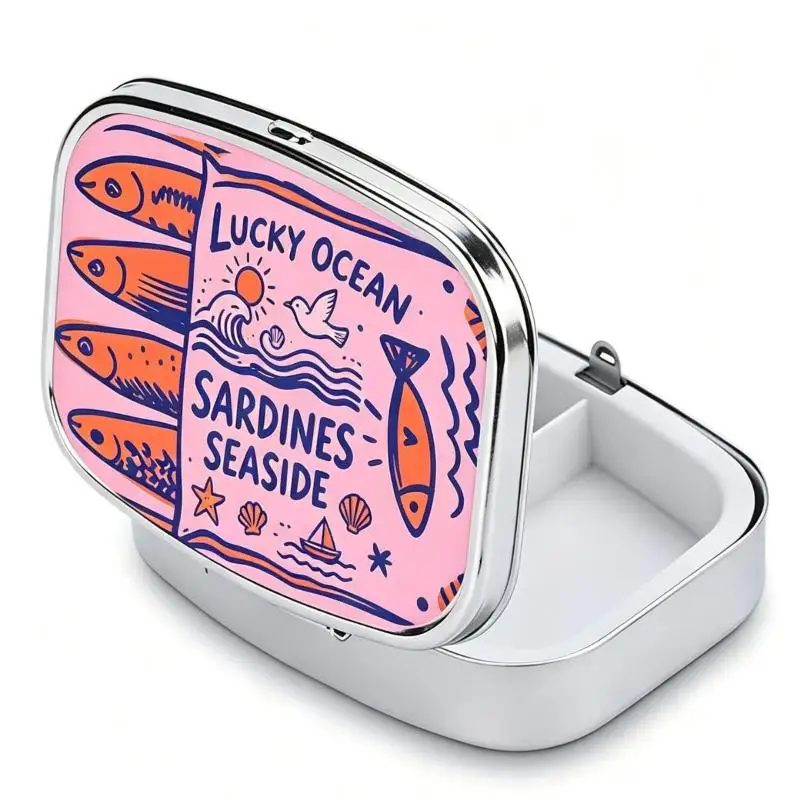【WA】Portable Metal Pill Case With Sardine Print Sturdy Hinged Lid Perfect For Travel Daily Carry 2-Compartment