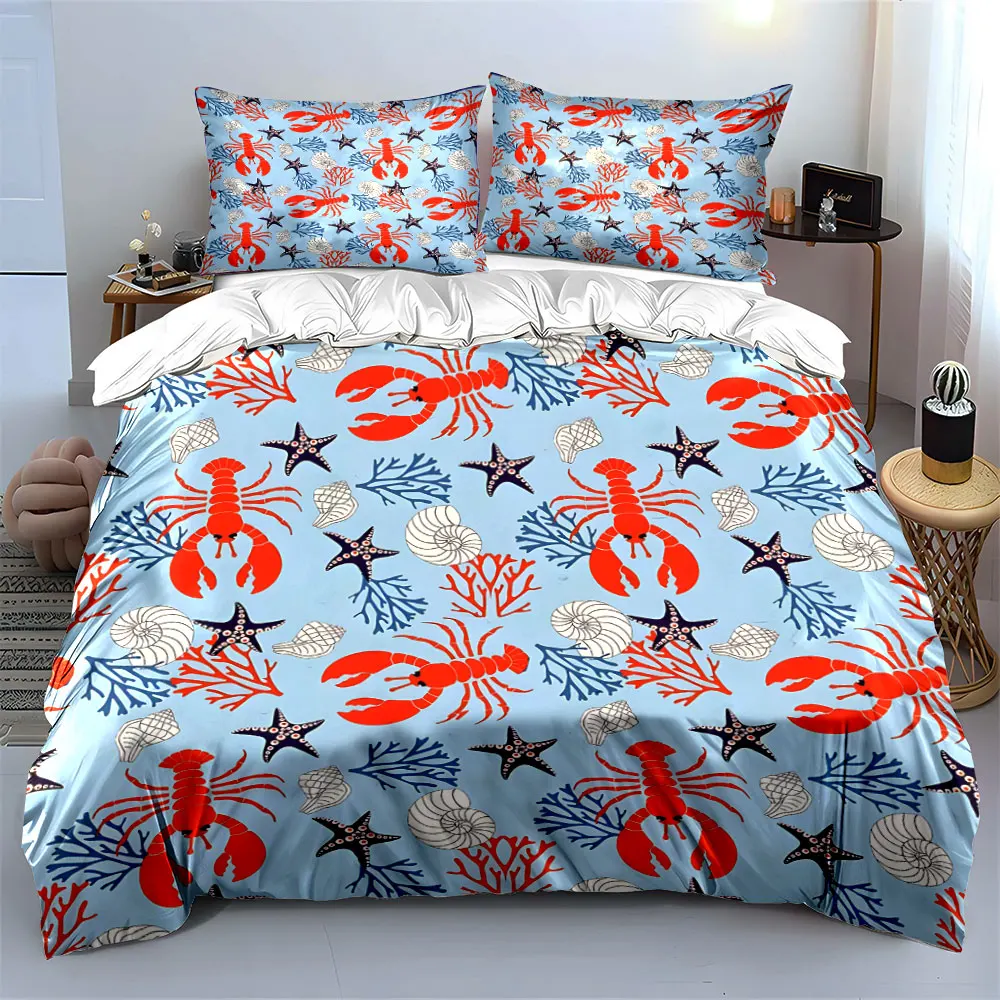 Lobster and Coral Ocean Theme Print Bedding Set 1 Duvet Cover 2 Pillowcases for Adult and Children Luxury Gift Full Size