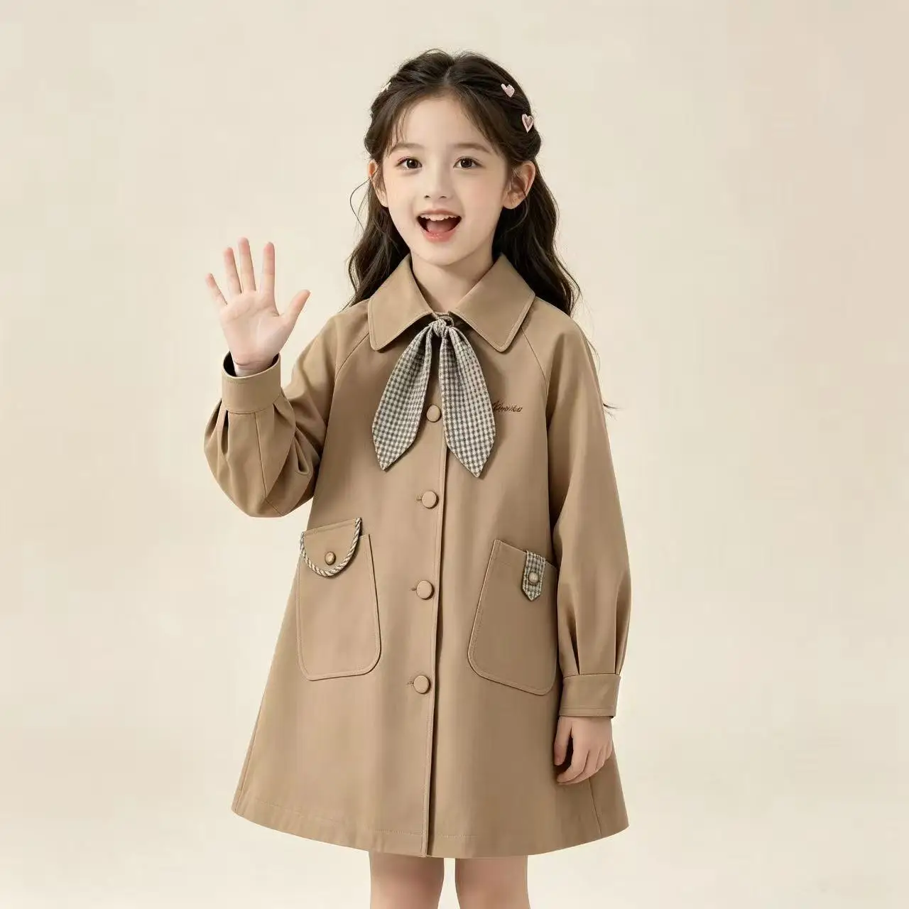 New Girls Khaki Trench Coat, Mid‑Long British College Style Jacket, Big Kids Loose Fashion Outerwear For Spring Autumn