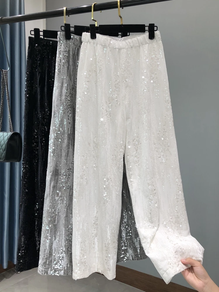 2023 Women Shiny Sequins Wide Leg Pants Bling Luxury Chic Capris Casual Club Party Mujer Women Pant Capris Silver White Pink