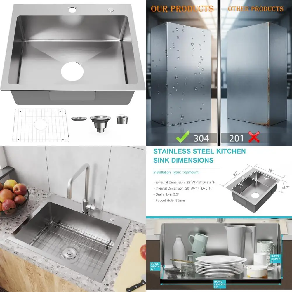 

Single Bowl Topmount Stainless Steel Kitchen Sink 22x18 with Drain Kit, Bottom Grid, Brushed Finish, Drop-in Installation, Long-