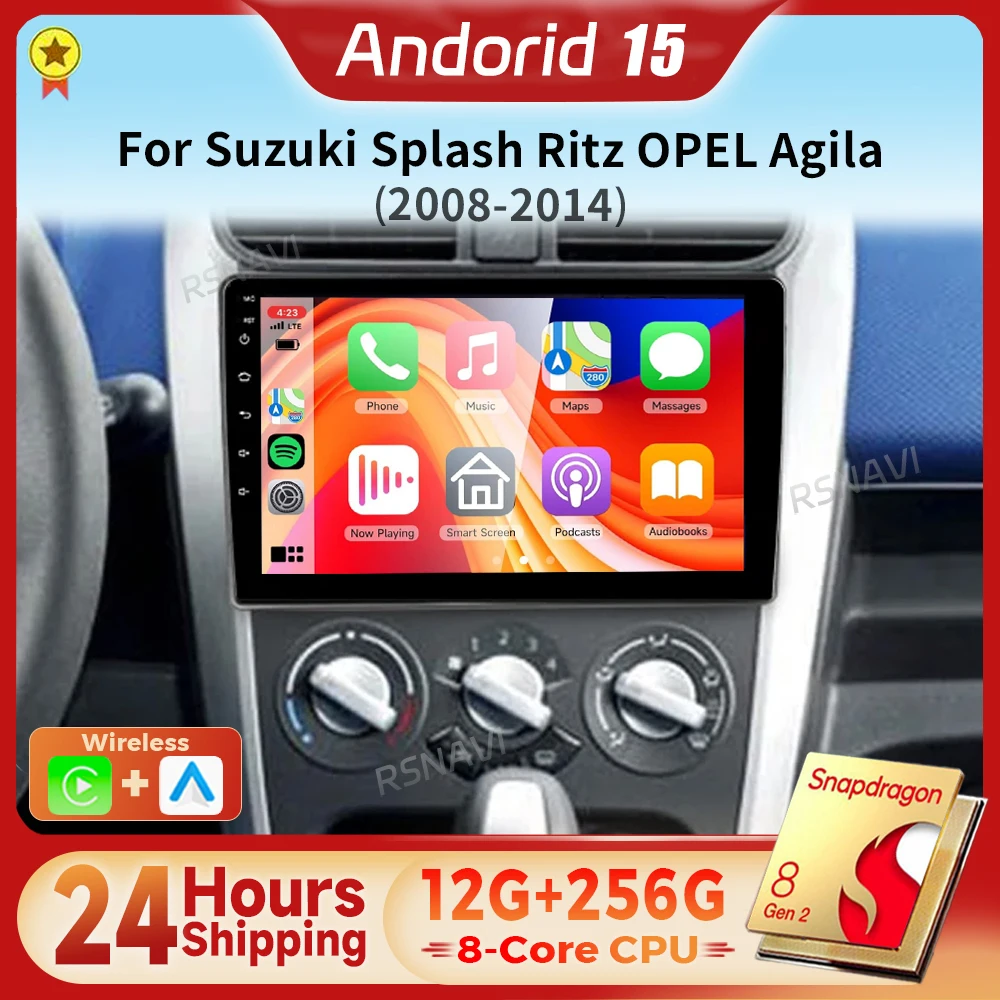 Android 15 Qualcomm Carplay Auto 2K Screen Car Radio Multimedia Player For SUZUKI Splash Ritz OPEL Agila 2008 - 2014 Snapdragon