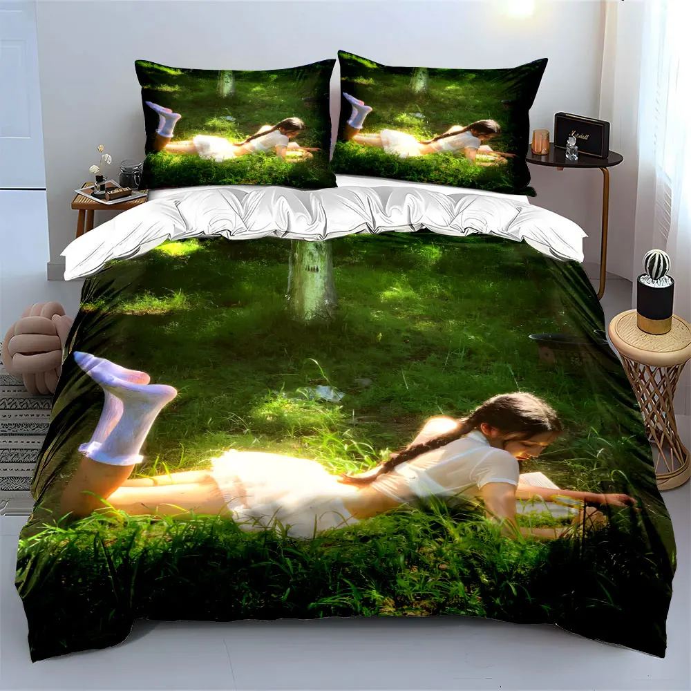 A girl reading a book on a sunny lawn Print Soft Comfortable Duvet Cover Bedding Set Included 1*Duvet Cover  2*Pillowcases