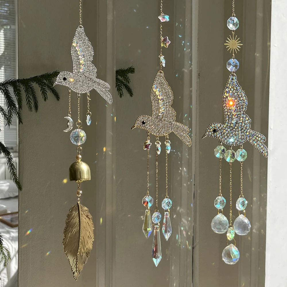 3D Diamond Hummingbird Leaf Sun Catcher Outdoor Wind Chimes Home Decoration Crystal Ball Ornament House Garden Pendant Decor