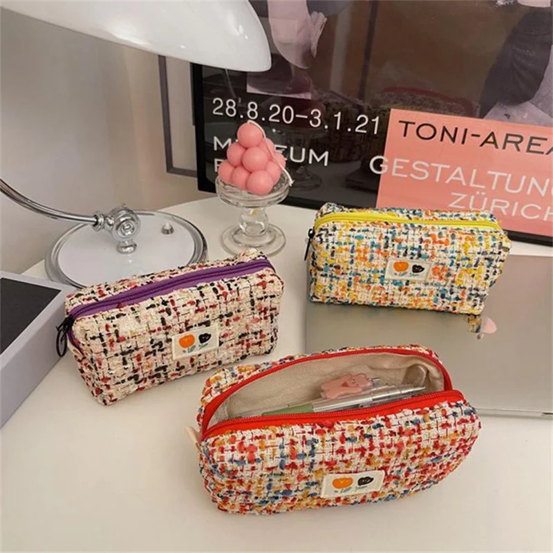 Pencil Case Woven Flower Pattern Zipper Closure Large Capacity Dust-proof Storage Polyester Easy To Carry Stationery Bag