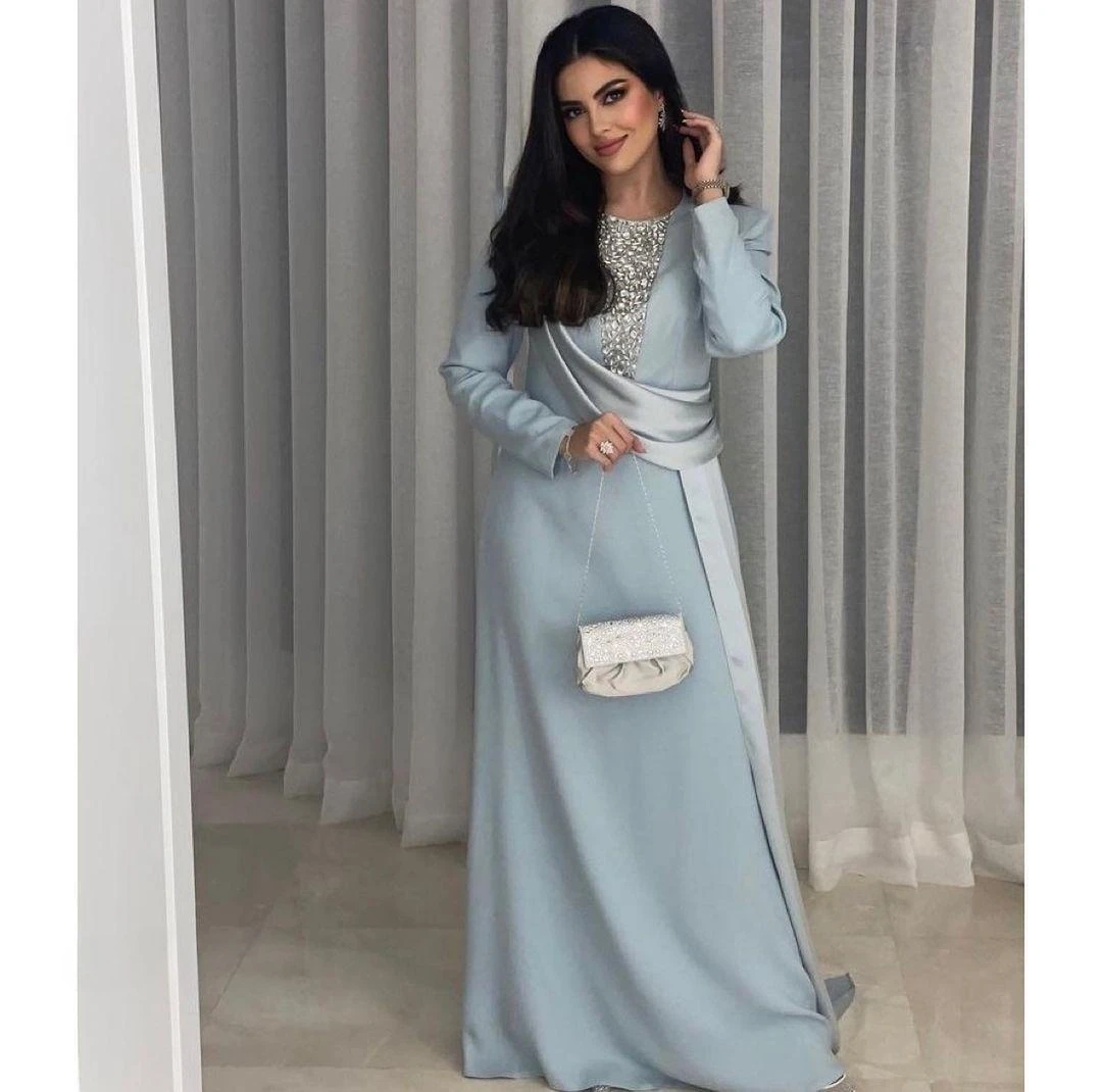 

Santorini Dubai Women Wear Long Sleeves Evening Dresses O-Neck Beaded Ruched Saudi Arabia Ladies Party Prom Formal Occasion Gown