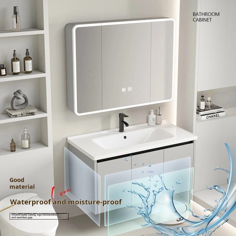 #@Modern Grey Bathroom Vanity Cabinet with LED Touch Illuminate Mirror Single Sink 60cm Easy Clean for Villa Apartment Use