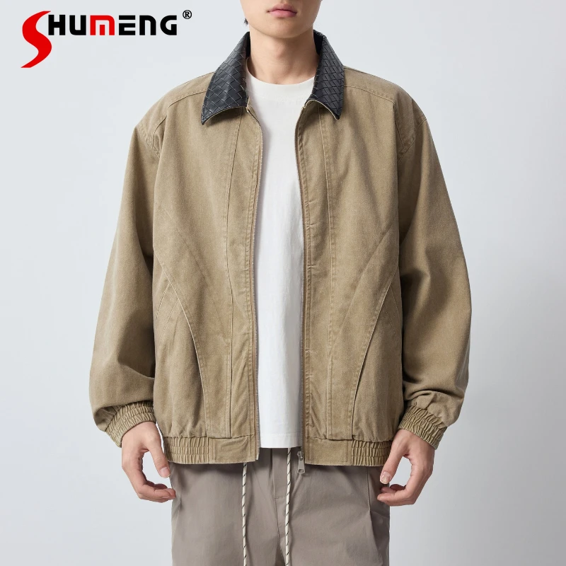 

Fashion Men's Comfort Denim Jackets 2026 Spring New Faux Leather Splicing Men's Jackets Long Sleeve Contrast Color Lapel Coats