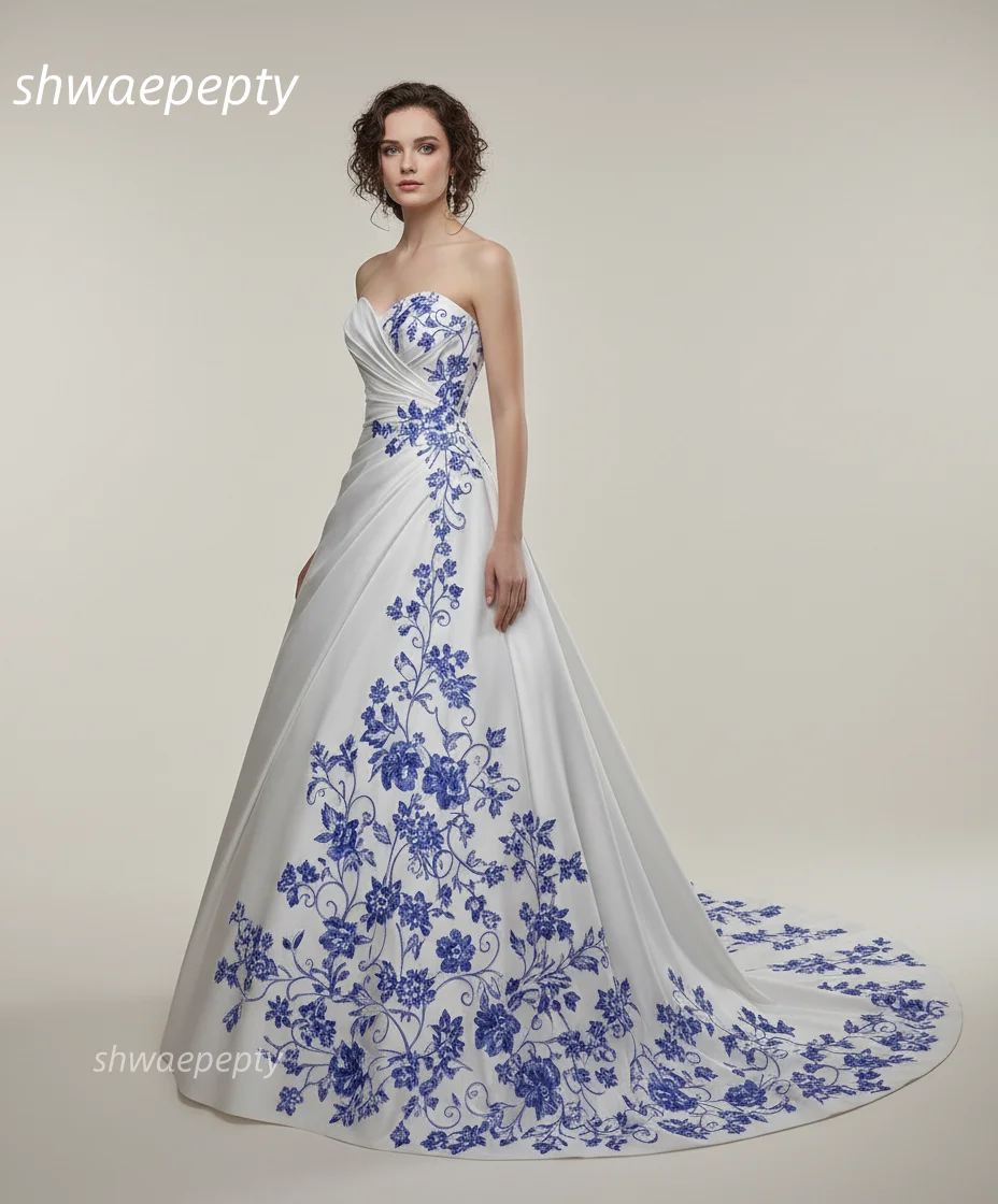 Blue Floral Embroidery Classic Wedding Dress Strapless Sleeveless A-Line White Satin Bridal Gowns Garden Elegant Robe Customized