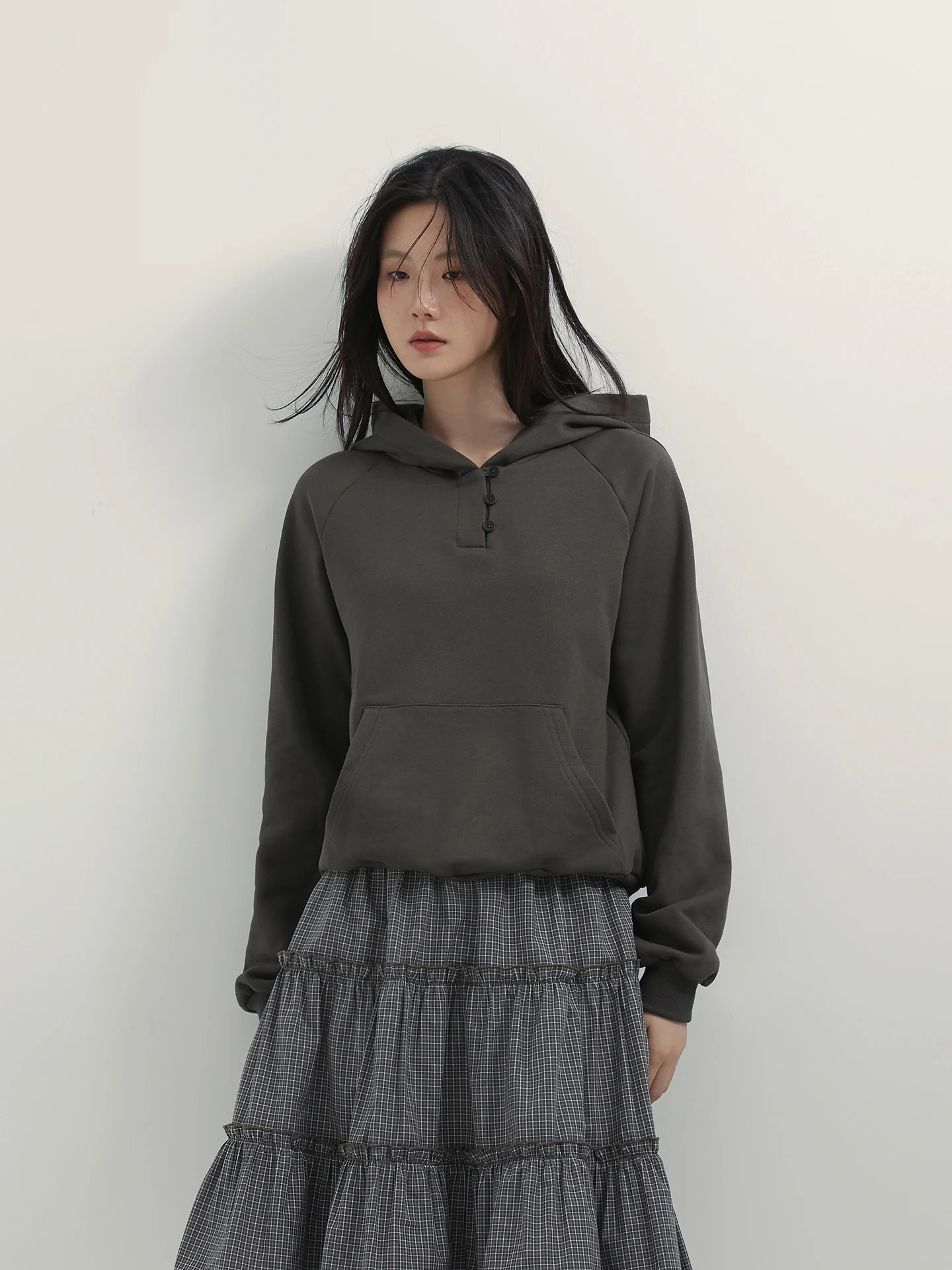 

Women's Loose Fit Long Sve Hoodie Button Detail Straight Leg Casual Slimming Top Spring Autumn Korean Sle Comfortable Co...