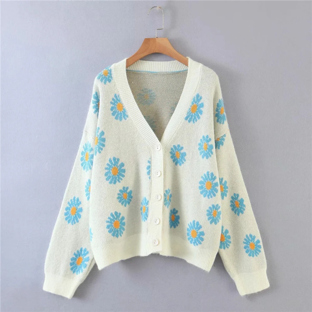 Kpytomoa Femme Fashion Print Soft Sweater Ladies Full Sleeve Floral Single Little Daisy V-Neck Pull Oversize Cardigan Streetwear