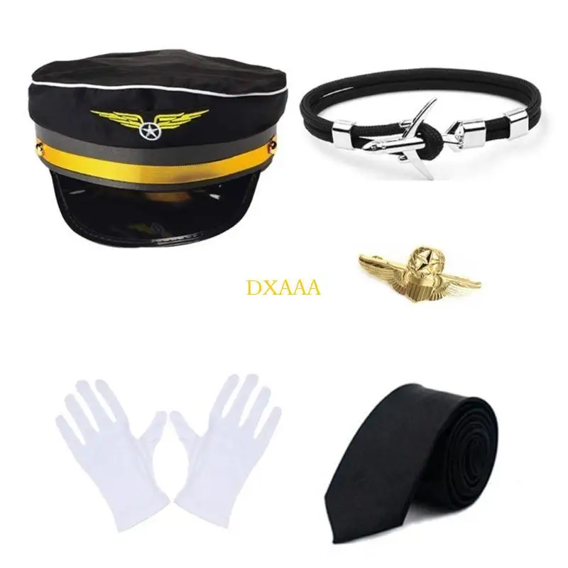 Dxaa fantasia comissário bordo, roupas capitão, chapéu, uniforme, dragonas, gravata, luvas, aeromoça, acessórios