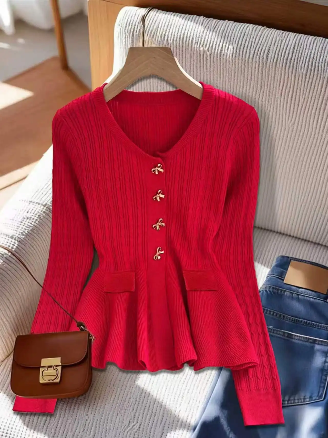 Women V‑Neck Knit Cardigan Bow‑Shaped Metal Buttons Peplum Hem Long‑Sleeve Slim‑Fit Cable Knit Sweater With Pockets