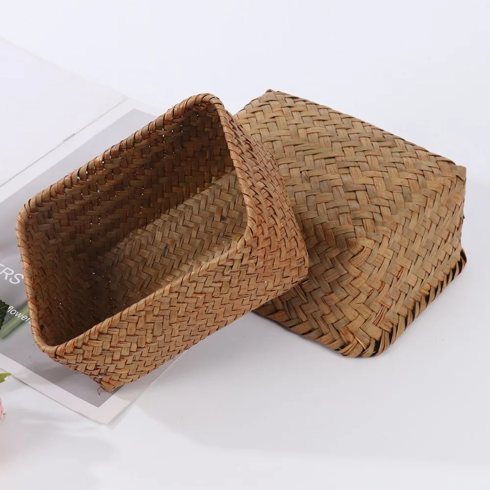 Handmade Woven Seagrass Storage Baskets Straw Rattan Picnic Basket Fruit Storage Box Cosmetic Storage Container Home Decor