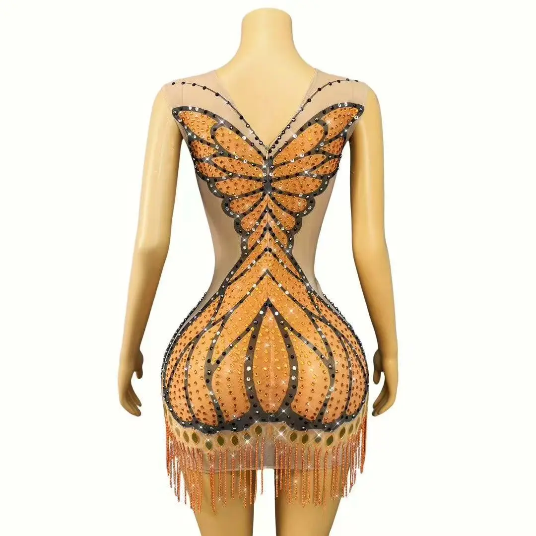 Seksowna moda wzór motyla zaprojektowana lśniąca siateczkowa sukienka z dżetów urodziny wieczorowa suknia wieczorowa pokaż sesję zdjęciową kostium sceniczny