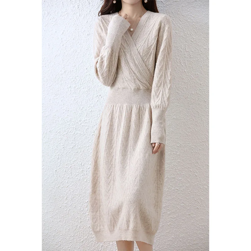 Elegant Fashion Cashmere Sweater Women Dresses 100% Merino Wool V-Neck Long-Sleeve Thick Knitted Dress Winter Long A-Line Skirts