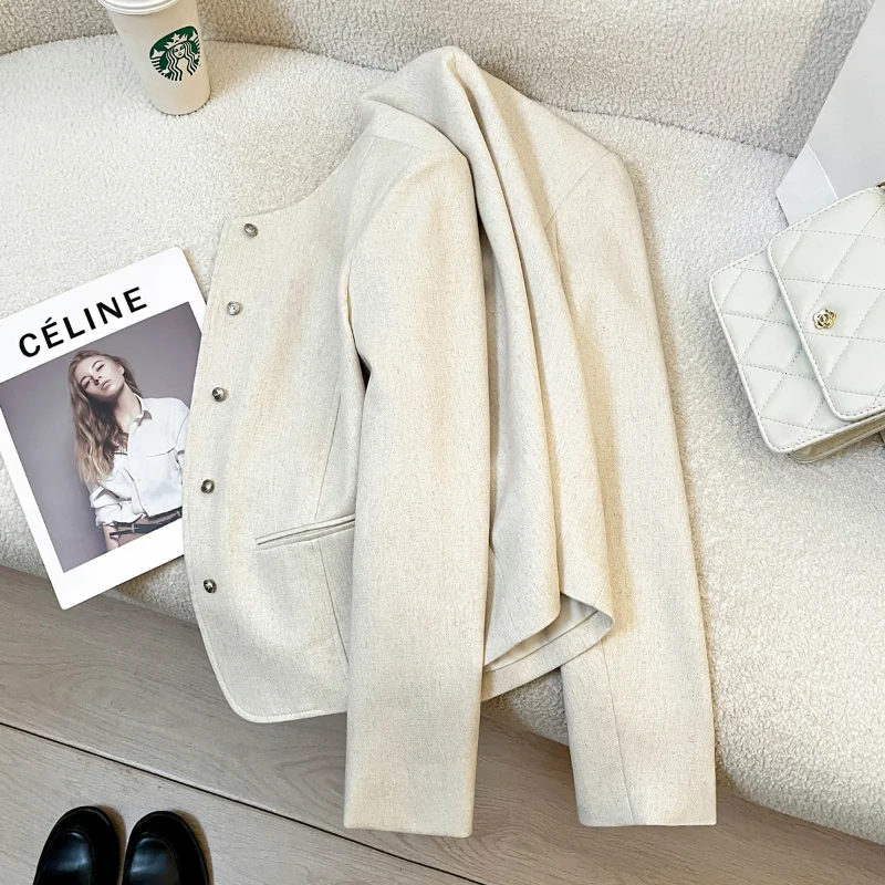 สีขาวกลิ่นหอมขนาดเล็กแขนยาวรอบคอสั้นเสื้อผู้หญิงใหม่ Elegant Basic แฟชั่นภาษาฝรั่งเศสคํา Chic Office Lady Jacket