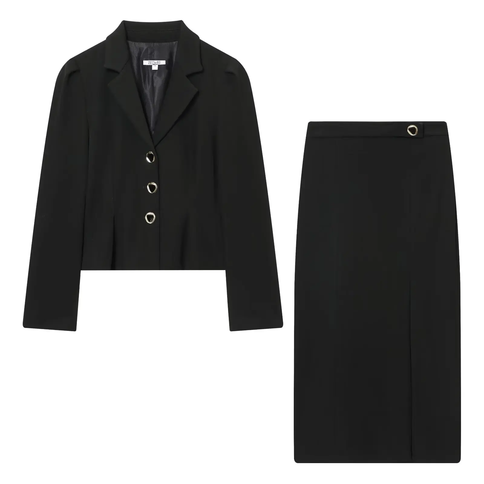 

Women's New Arrival Midi Dress Set Puff-sleeve waist-cinched blazer paired with a slit-detail straight midi skirt