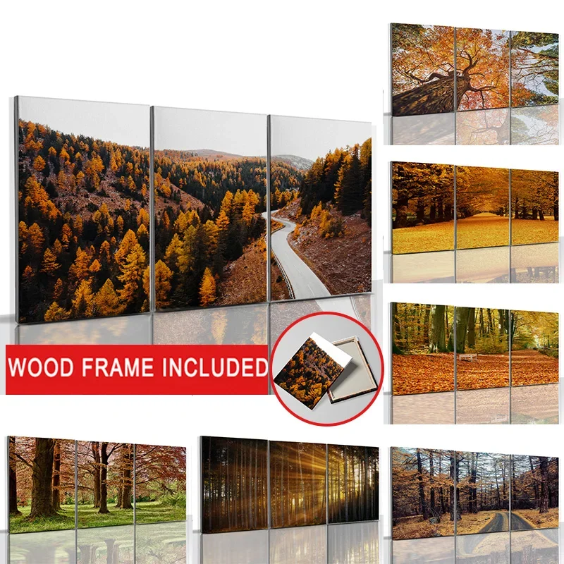 3PCS Nature Autumn Scenery Poster with Frame Forest Maple Leaves Fallen Wall Art Canvas Painting Living Room Corridor Home Decor
