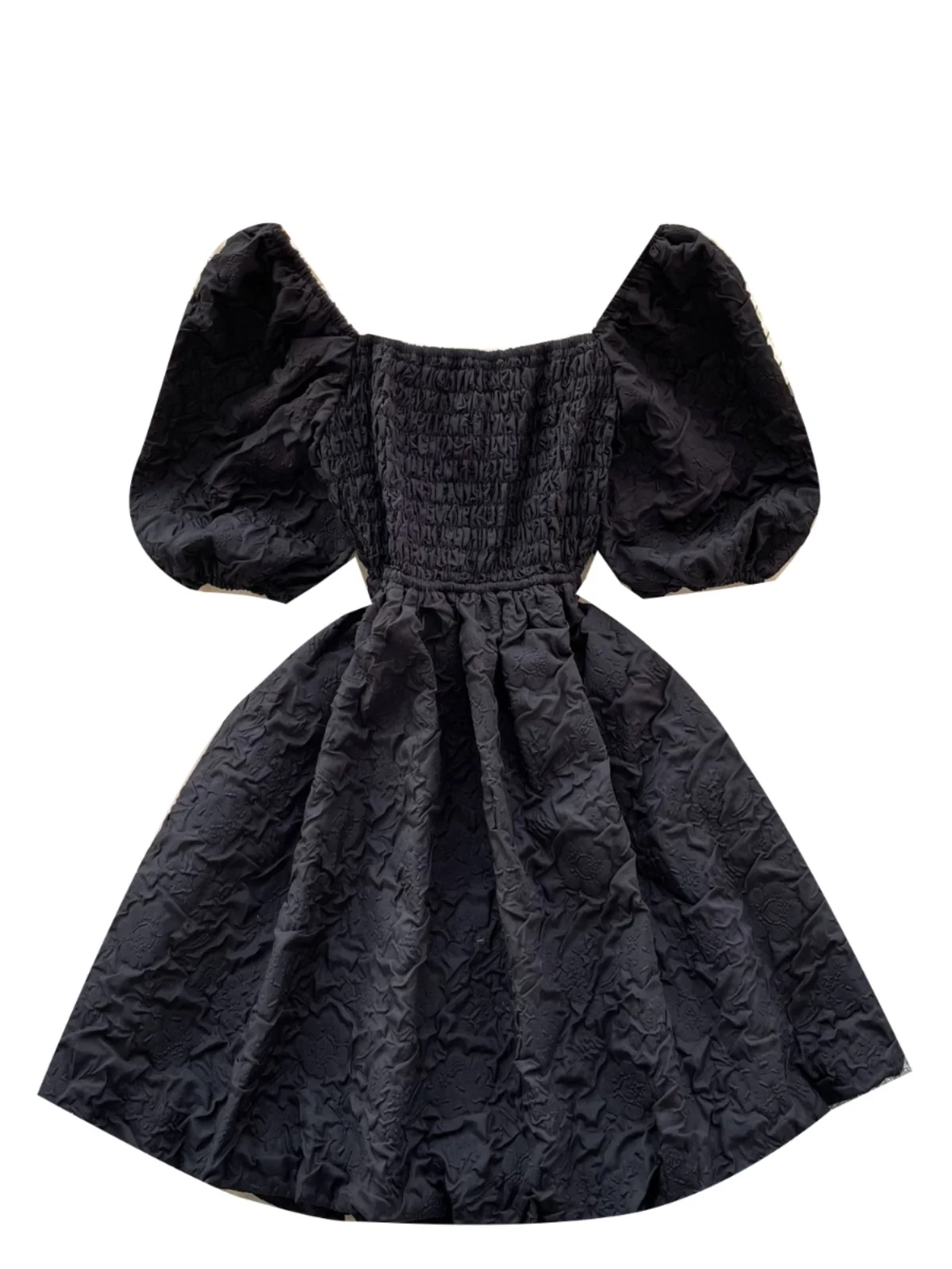 Vestido midi preto com recorte vazado, laço borboleta, cinto, manga bufante, cintura alta, estilo coreano, saia evasê, manga ...