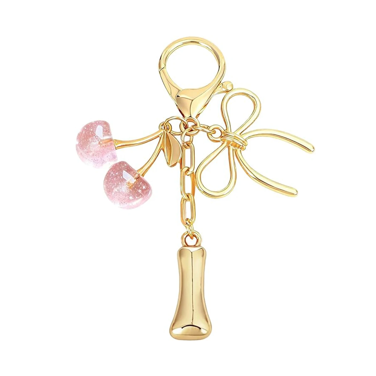 Gold Letter Bubble Initial Keychain with Bow & Cherry, Cute Handbag Accessory