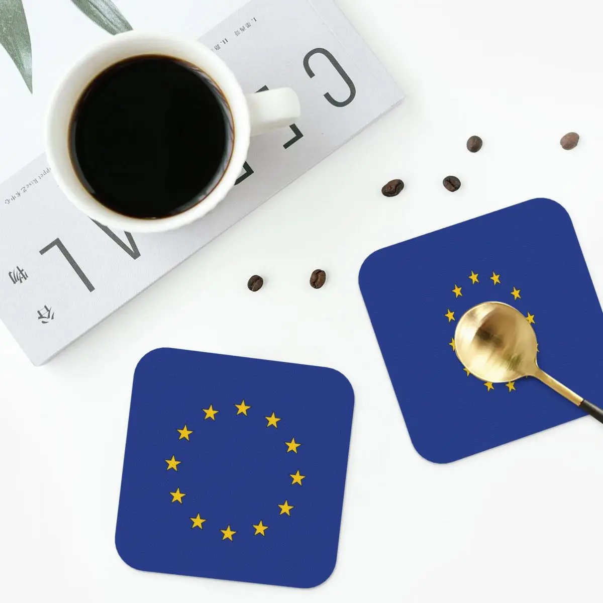 

European Union EU Flag Coasters Kitchen Placemats Waterproof Insulation Cup Coffee Mats For Decor Home Tableware Pads Set of 4